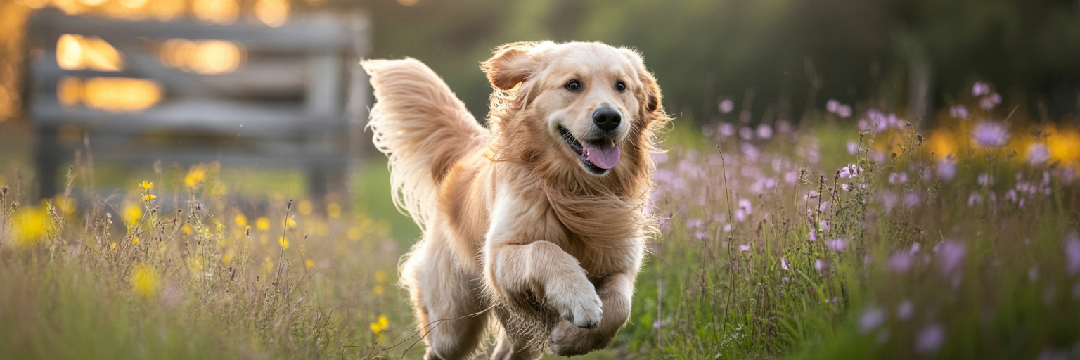 Happy dog running through a field